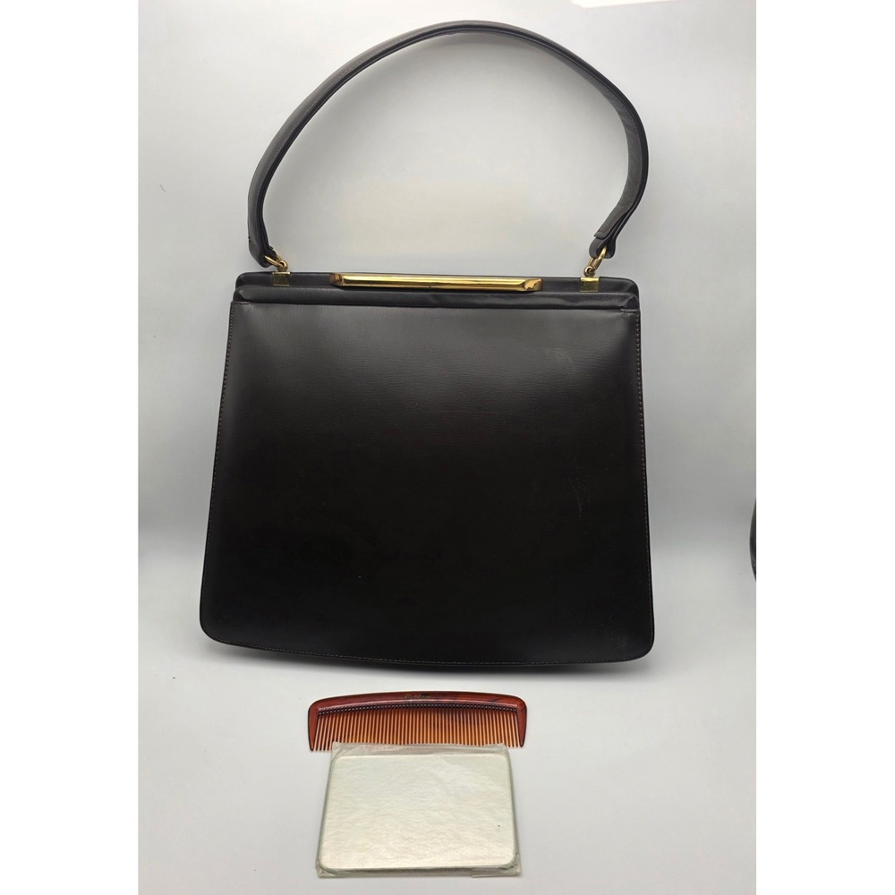 Vintage Dorian Dark Brown Leather Structured Handbag with‎ Mirror and Comb